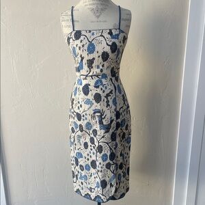 Vintage Indonesian Dress in Cream with Blue & Brown Floral Batik Design